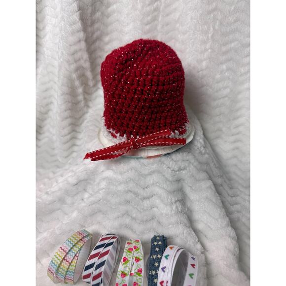 Crochet Beanie newborn - 6 months, red, white, and ribbon accented hat. Handmade - Picture 7 of 7